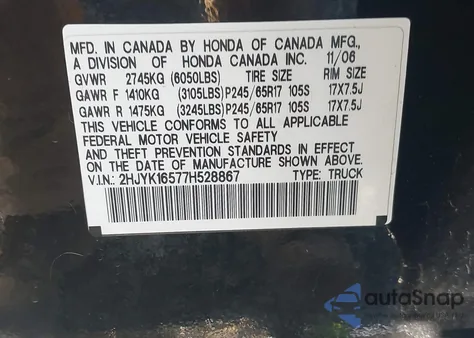 2007 Honda Ridgeline Rtl из США, поврежденный, VIN 2HJYK16577H528867